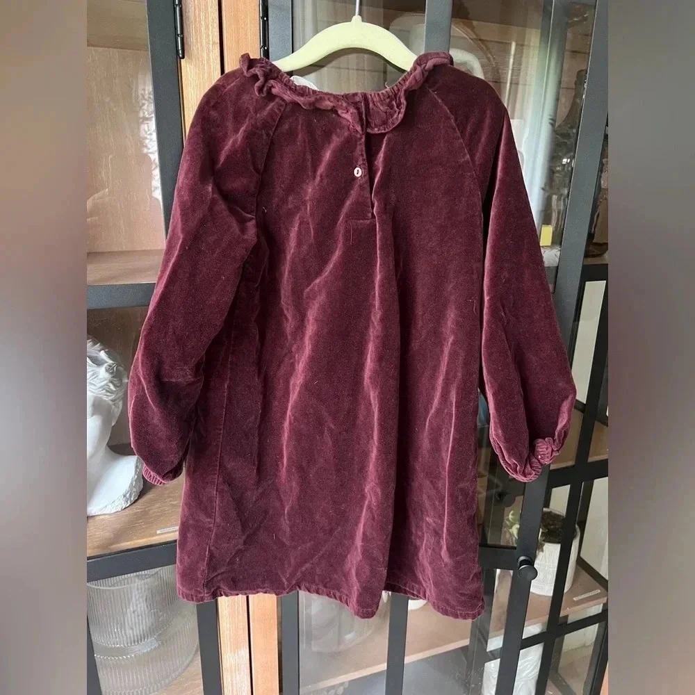 H&M kids girls velvet dress burgundy long sleeve holidays ruffles shift formal
